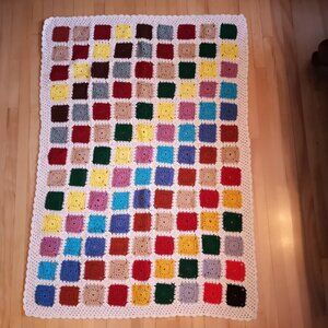 Handmade Crochet 43"x 63" Granny Square Multi Colored w/ Ivory Afghan / Throw